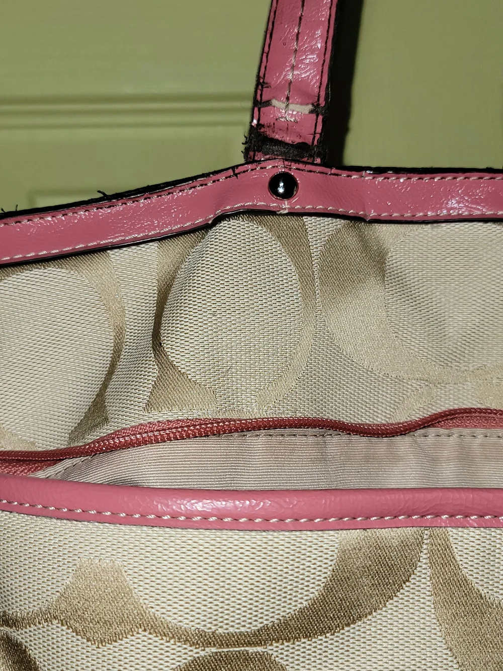 Coach Beige Signature Canvas Tote with Pink Trim, Outside Of Bag ,Badly Stained